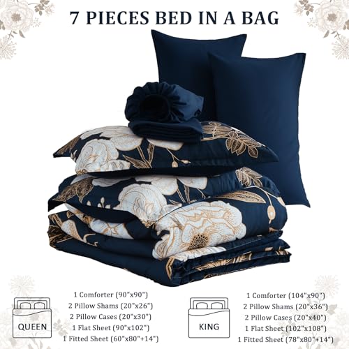 Luxudecor Floral Queen Comforter Set 7 Pieces Bed in a Bag, White Flower Print on Navy Blue Bedding Set, Soft Reversible Comforter with Sheet Set 90"x90" Luxudecor