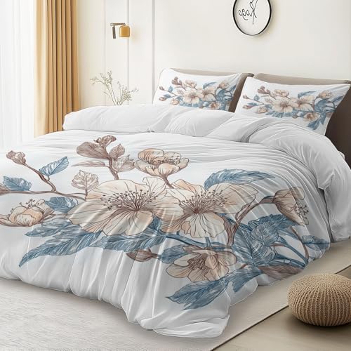 White 3 Piece Duvet Cover Set, 1 Printed Zipper Closure Duvet Cover with 2 Pillow Shams, Ultra Soft Brushed Microfiber Single with Minimalist Flowers Watercolor Generic
