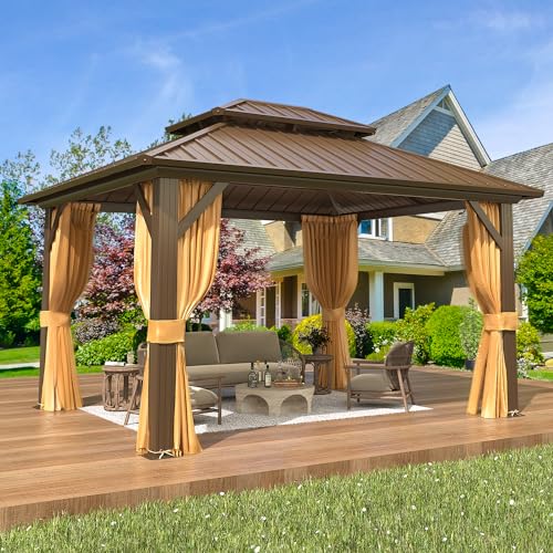 EROMMY 10' x 12' Hardtop Gazebo, Galvanized Steel Double Roof Gazebo with Aluminum Frame, Permanent Outdoor Metal Pavilion with Curtain and Netting for Patio, Lawn and Garden EROMMY