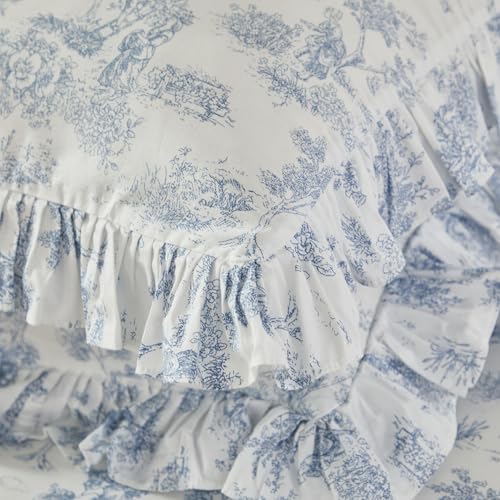 Brandream French Country Garden Toile Floral Duvet Quilt Cover King Size 100% Cotton Bedding Set Toile Tapestry Pattern Blossom Tree Branches Delicate Ruffle Fringe Design Brandream