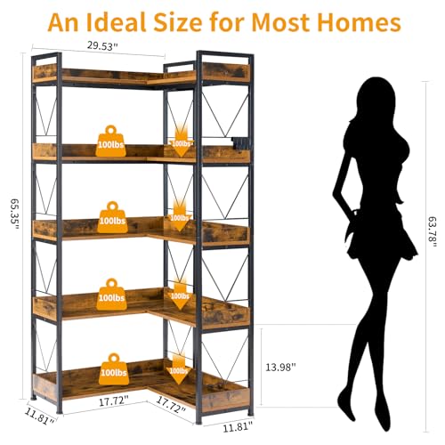 DUMOS 65 inch L Shaped Bookshelf, 5 Tier Corner Bookcase with Hooks and Edge, Industrial Pantry Shelves with Metal Frame, Wooden Open Storage for Living Room, Home Office, Bedroom, Rustic Brown DUMOS