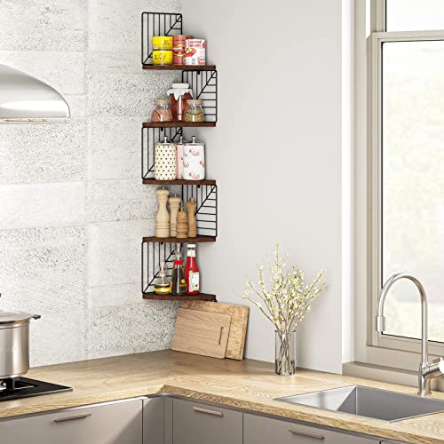 Love-KANKEI Corner Shelf Wall Mount of 5 Tier, Rustic Wood Floating Shelves Wall Shelves for Bedroom Living Room Bathroom Kitchen Office and More Dark Walnut Love-KANKEI