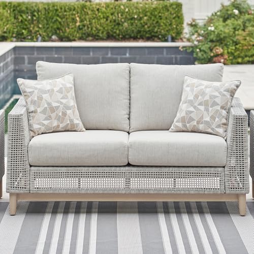 Signature Design by Ashley Seton Creek Cottage Weather Resistant Outdoor Loveseat with Cushion and 2 Throw Pillows, Light Brown & Light Gray Signature Design by Ashley