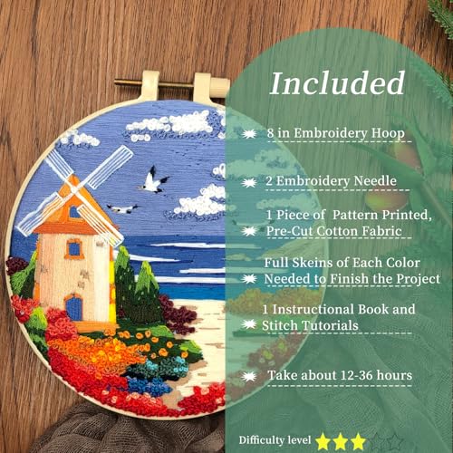 FONNUY Embroidery Kit for Beginners, Boho Nature Landscape Pre-Stamped Pattern Kits for Adults with Hoop, Easy to Follow Color Thread Needlework, 8'' Hoop (Beach House)