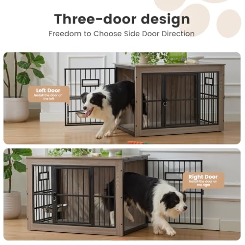 38 Inch Heavy Duty Dog Crate Furniture for Medium Dogs, Decorative Pet House End Table with 3 Doors & Adjustable Bowls, Wooden Cage Kennel Furniture Indoor, Rustic Grey Gardner Pet