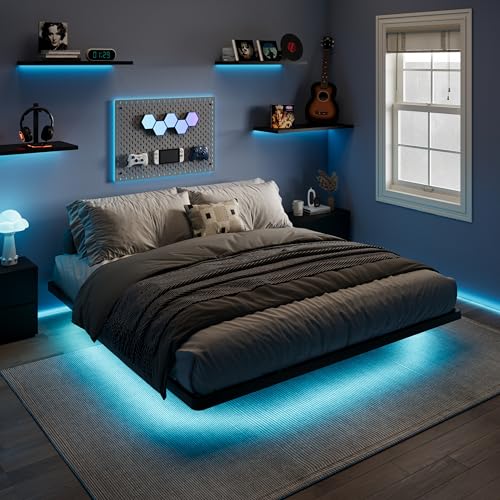 SHA CERLIN Floating Bed Frame King Size with Smart LED Lights and Charging Station, Heavy Duty Metal Platform Bed with Modern Design,No Box Spring Needed, Easy Assembly, Matte Black SHA CERLIN