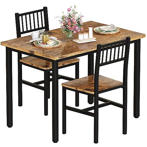 AWQM 3 Piece Dining Table Set for 2, Small Kitchen Table Set for 2 with Chairs,Wood Breakfast Nook Table and Chairs Set of 2,Dinette Set for Small Space,Dining Room,Apartment, Brown AWQM