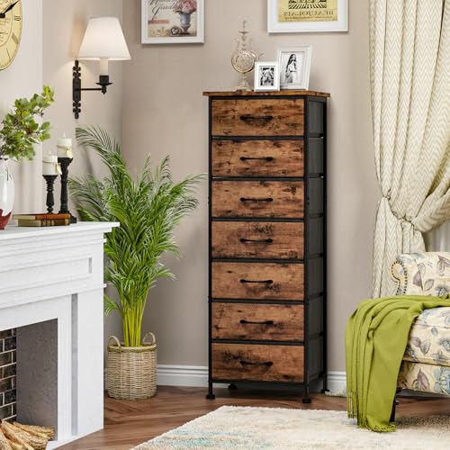 Fixwal Tall Dresser for Bedroom, Storage Dresser Organizer with 7 Fabric Drawers, Nightstand Furniture in Closet, Entryway, Hallway, Rustic Brown Wood Grain Print Fixwal