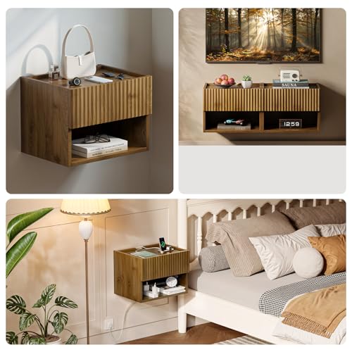 Floating Nightstand Bedroom Bedside Table - Floating Night Stand Set 2 for Small Spaces, Wall Mounted Cabinet with Storage Drawer, Brown Modern Night Stand for Dorm Hallway Entryway Lazzanto