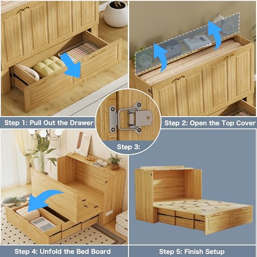 Jotirxe Full Murphy Bed Cabinet: Oak Cabinet Bed with Charging Station, Cube Murphy Beds with Drawers, Modern Hidden Beds for Small Spaces, Guest Room and Office Jotirxe