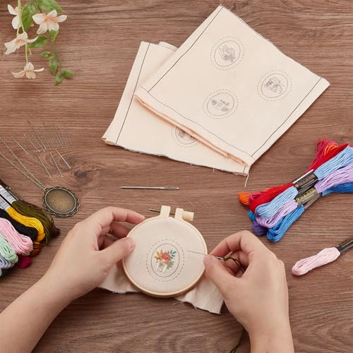 INFUNLY 6 Sets DIY Mushroom Necklace Embroidery Kit for Adult Beginner Embroidery Pendant Kit Mushroom Theme Embroidery Stitching Necklace Kit Cross Stitch Kits with Instructions for Women Gift