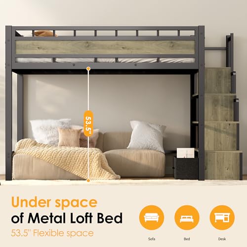 SogesSleep Loft Bed Twin Size with Stairs, More Sturdy Metal Loft Bed with Built-in Storage Stairs and Large Under-Bed Space, Used for Teens, Space Saving for Apartment or Dorm, No Box Spring, Black SogesSleep