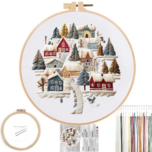 FONNUY Crewel Christmas Embroidery Kit for Beginners, Cross Stitch Set Winter Snow Scene Pine Owl Pattern for Adults, Easy to Follow Color Thread Needlework, 8'' Hoop (Tree and House 1)