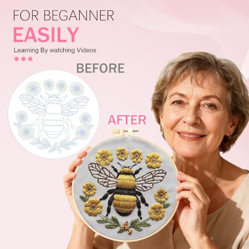 Huacan Embroidery Kit for Beginners Adults Includes Stamped Bee Pattern, Hoop, Color Threads,Tools,Easy to Follow Instruction