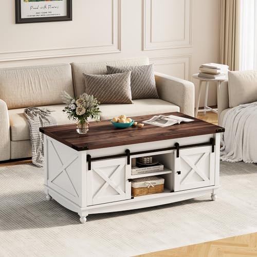 ALLSTAND 48" Farmhouse Lift Top Coffee Table with Storage Sliding Barn Door & Large Hidden Compartment, Coffee Table with Lifting Top with Wooden Lift Tabletop, Storage Coffee Table for Living Room ALLSTAND