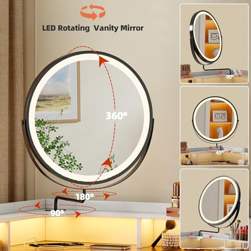 MDGC Corner Vanity Desk with Rotating Mirror and Lights,Glass Top Makeup Vanity with Human Body Senor&Charging Station,LED Vanity Table Set with 5 Drawers and Shelves for Bedroom MDGC