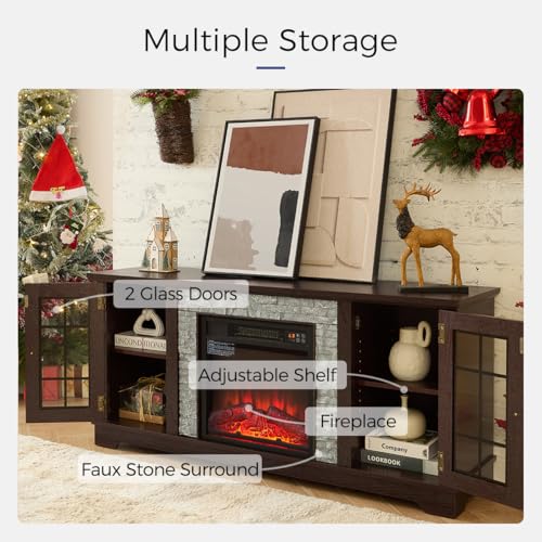 Hennhari TV Stand with Electric Fireplace & Storage Cabinet, Entertainment Center with 2 Glass Door, Faux Stone Media Console Table for Living Room (Cherry,58" with Fireplace) Hennhari