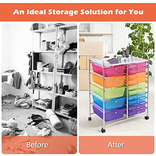 GOFLAME 15-Drawer Rolling Storage Cart, Multipurpose Movable Organizer Cart, Utility Cart for Home, Office, School, Rainbow GOFLAME