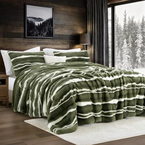 Wonderful 3 Pieces Fluffy Faux Rabbit Fur Comforter Set King Size, Dark Green Plush Fuzzy Bedding Set, Animal Stripes Design Warm Soft Comforter Bedding Set for All Season,104"x94" Wonderful