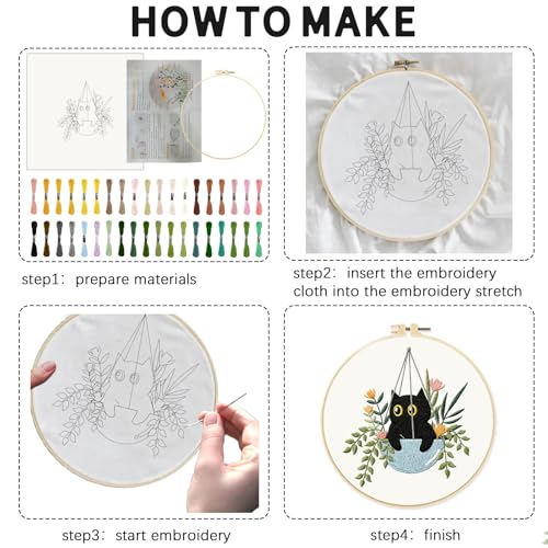 INFUNLY 4 Sets Cat Embroidery kit DIY Embroidery Kit for Beginners Cat Embroidery Set Plant Cats Cross Stitch Kit for Adults with Plastic Embroidery Hoops Threads and Instructions