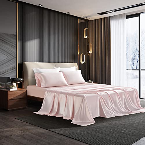 N\A HommxJF Blush Pink Satin Sheets Twin Size Sheets Set Silky Sheets, 3 Pieces Bedding Sheets & Pillowcases with 1 Flat Sheet + 1 Deep Pocket Fitted Sheet + 1 Pillowcase (Blush Pink, Twin) N\A
