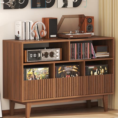 Forrelaxis 48" XL Record Player Stand with 3 Drawers, Mid Century Modern Vinyl Record Storage Cabinet Up to 285 LPs, Turntable Media Console Table for Living Room Bedroom(Walnut) Forrelaxis