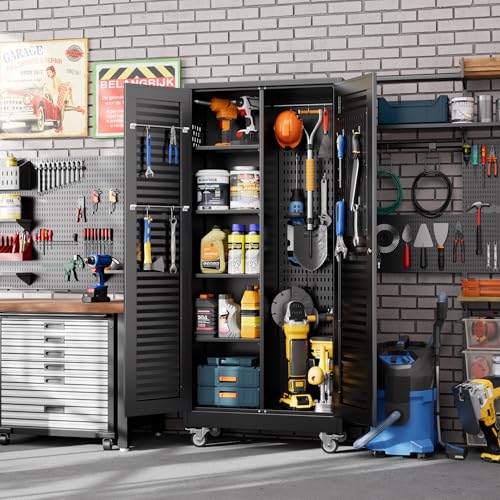 GangMei Metal Broom Closet Storage Cabinet with Hanging Rod, Garage Storage Cabinet with Wheels and 4 Shelves, Pegboard and 13 Hooks for Garage Home, Black, Assembly Required GangMei