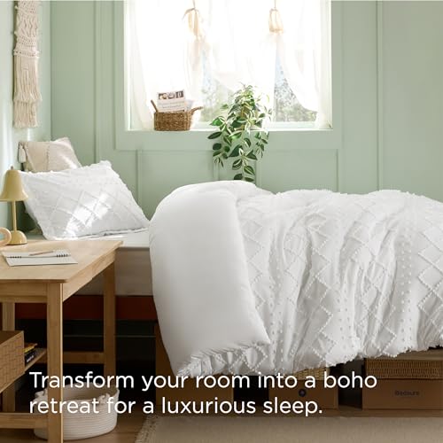 Bedsure Boho Twin Duvet Cover Size - White Breathable & Soft Boho Bedding, Machine Washable Comforter Cover for All Seasons, Includes 1 Duvet Cover 68"x90" with 1 Pillow Sham & Zipper Closure Bedsure