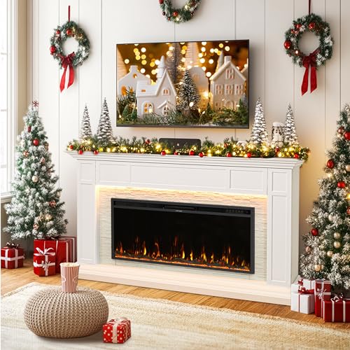 Weyderk 69" Electric Fireplace with Mantel, Fireplace TV Stand with 42" Fireplace Insert for Livingroom/Bedroom, Realistic 3D Flame & 15 LED Colors, Remote Control, 750/1500W Heats, Faux Stone Finish Weyderk