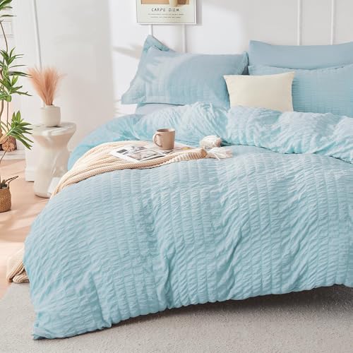 HYMOKEGE Lake Blue Full Size Comforter Sets Seersucker 7 Pieces, All Season Luxury Bed in a Bag for Bedroom, Bedding Set with Comforters, Sheets, Pillowcases & Shams HYMOKEGE