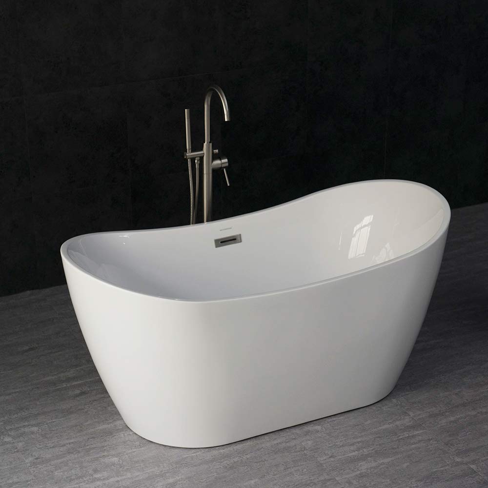 WOODBRIDGE 59" Acrylic Freestanding Bathtub Contemporary Soaking Tub with Brushed Nickel Overflow and Drain B-0016 -B/N-Drain &O WOODBRIDGE