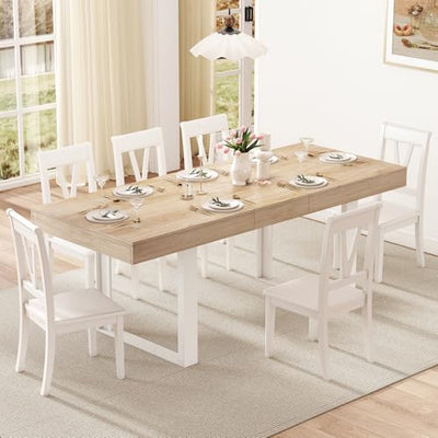 Zevemomo 63"-78.7" Expandable Dining Table, 6-10 Extendable Dining Table, Rectangle Conference Table, Farmhouse Kitchen Table with Slide Track, Tapered U-Shaped Wood Legs for Office, Living Room-Oak