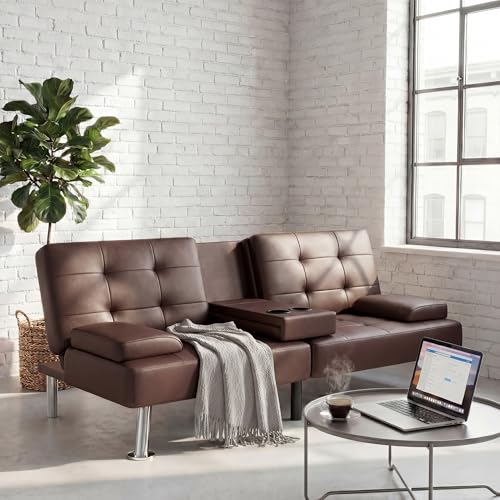 YESHOMY Modern Futon Sofa Bed, Convertible Futon Couch with Adjustable Backrest, Futon Loveseat Sleeper Sofa Bed with Armrest for Living Room, Small Spaces,PU Leather, Brown YESHOMY