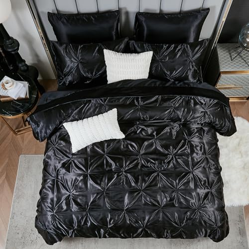 Bedbay Black Comforter Set Queen Size,10-Piece Satin Comforter Bed Set,Pinch Pleat Bedding Set,Black Pintuck Luxury Bed Comforter Set,Lightweight Silk Like Satin Bedding Comforter for All Seasons Bedbay