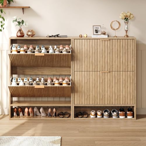 Hootata 31.5''W Oak Shoe Storage Cabinet for Entryway with 2 Flip Drawers, Narrow Wood Fluted Shoe Rack Cabinet,Freestanding Slim Shoe Organizer Cabinet for Foyer, Hallway Hootata