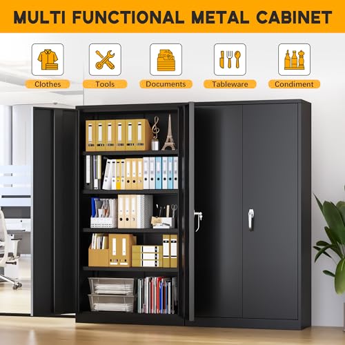 Greenvelly Metal Garage Storage Cabinet with 2 Doors and 4 Adjustable Shelves, 72" H Black Steel Lockable Storage Cabinet,Tall Metal Cabinet Locking File Cabinet for Office,Home, Garage, Gym, School Greenvelly