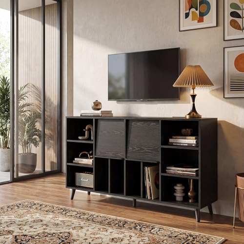 IRONCK Large Record Player Stand 55", Holds 600+ Vinyl Record Storage Cabinet with Charging Station, Mid Century Modern Turntable Stand for Living Room, Bedroom, Black IRONCK