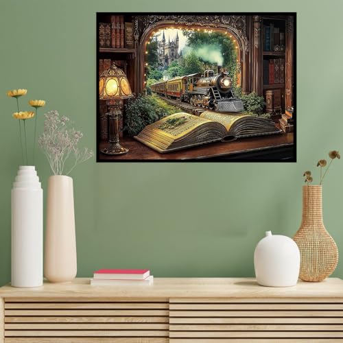 Benjenes Book Diamond Art Kits for Adults, Train Diamond Painting Kits for Adults, 5D DIY Round Drill Gem Art Paint with Diamonds Dots Crafts Kits for Home Decor Gift 16x12inch Benjenes