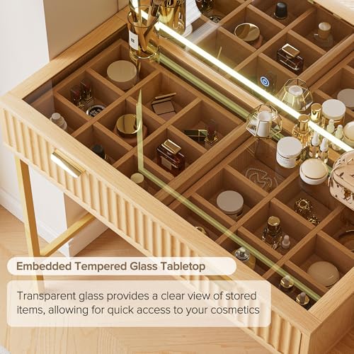 EOYUTLLY 48" Fluted Makeup Vanity Desk with 36" Mirror and Light,Glass Top Wooden Vanity Table with Charging Station,5 Drawers, 3 Adjustable Shelves & 3 Color Lighting Mode, Bedroom Dressing Table,Oak EOYUTLLY