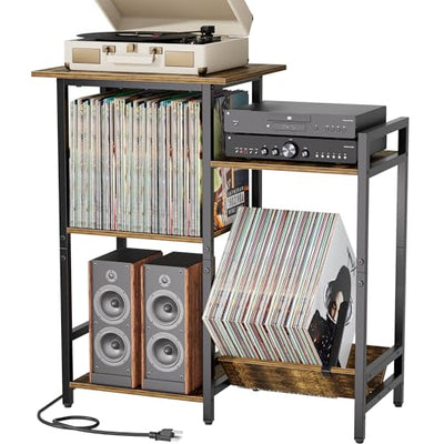 HYPIGO Record Player Stand with Power Outlets, Turntable Stand with Vinyl Record Storage Holds 300+ Albums, Record Player Table with Vinyl Display Holder for Living Room