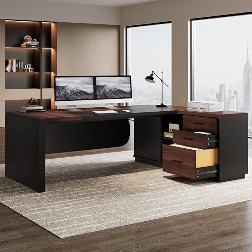 Tribesigns 80'' L-Shaped Desk, Large Executive Office Desk with 55'' Drawers Cabinet, Modern Computer Table with Storage Shelves, Business Furniture for Home Office, Walnut & Black Tribesigns