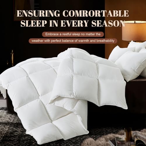 WhatsBedding Queen Size Feather Comforter, Filled with Feather and Down Fiber, White All Season Duvet Insert - Luxurious Hotel Bed Comforter - 100% Cotton Cover, Medium Warmth with Corner Tabs - 90x90 WhatsBedding