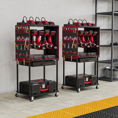 Luffioner Power Tool Organizer Cart with 8 Outlets Charging Station, Tools Storage Cart with DIY Drawer, Wheels, Power Strip, Utility Rack for Power Tools, Batteries, Wrench, Repair Tools (Red) Luffioner
