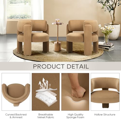 COLAMY Modern Velvet Accent Chairs Set of 2, Upholstered Barrel Chairs, Comfy Side Arm Chairs with 3 Legs for Living Room, Bedroom, Reading, Khaki COLAMY