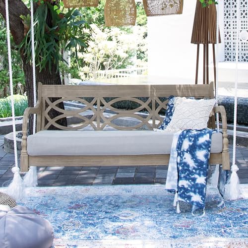 Cambridge Casual Renley Mahogany Porch Swing Bed with Oyster Cushion – Outdoor Hanging Swing Daybed for Patio, Backyard, or Garden – Durable Solid Wood, Weather-Resistant Cambridge Casual