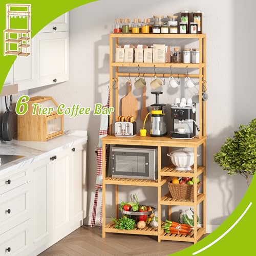 BMOSU Bakers Rack Bamboo for Kitchen with 12 S-Shaped Hooks Coffee Bar Table Kitchen Microwave Stand Open Storage Shelves Utility Storage