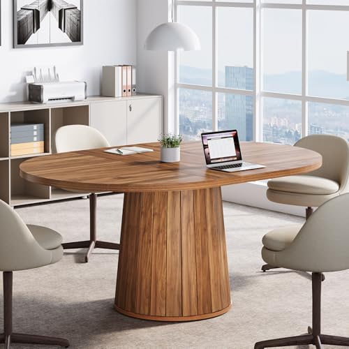 Tribesigns Oval Conference Table, 55.11 Inches Wood Meeting Table for 6 People, Rustic Meeting Seminar Boardroom Table with Wood Base for Office Conference Room (Brown) Tribesigns