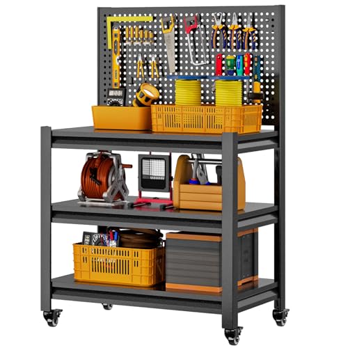 Workbench with Pegboard, Adjustable Shelving Work Table, Mobile Workstation with Lockable Wheels for Garage Warehouse Workshop Office, 47.2" H x 33.5" W x 18" D, Black Jaqiumn