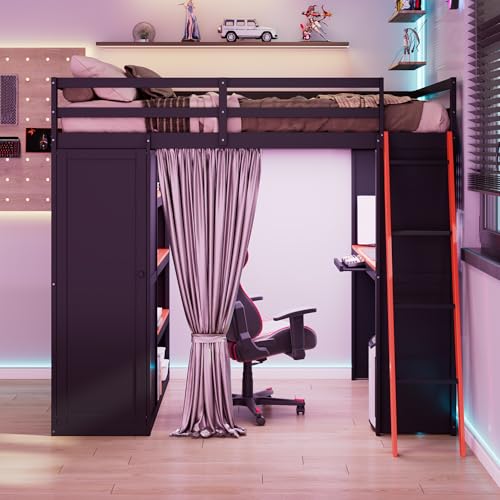 Merax Full Size Loft Bed with Desk and 6 Storage Shelves, Wardrobe, Blackout Curtain, Sturdy Wood Gaming Loft Bunk Bed Frame with USB Port & RGB Lights, No Box Spring Needed, Space-Saving, Black+Red Merax