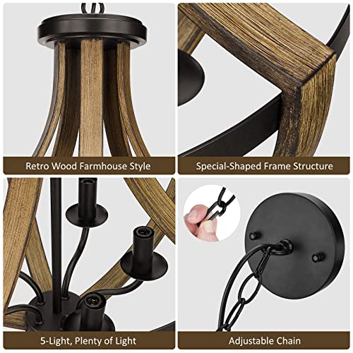 17.7" Modern Farmhouse Geometric Chandelier Light Fixture, 5-Light Adjustable Height Rustic Hanging Pendant Lighting for Dining Room Foyer Kitchen Island, Retro Wood Texture and Black Finish WOAEKR